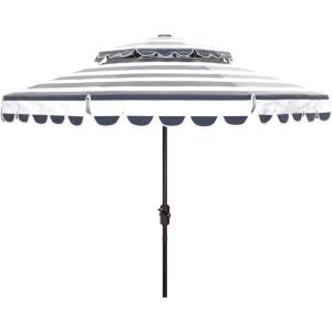SAFAVIEH 9ft Outdoor Patio Umbrella, Double Top, Vienna Collection, Beige & White Stripe, Scallop Edge, Crank, Button Tilt, UV Resistant for Deck, Backyard, Poolside (PAT8211A)(Navy / White)