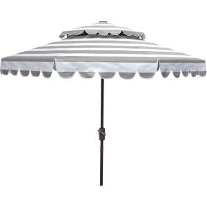 SAFAVIEH 9ft Outdoor Patio Umbrella, Double Top, Vienna Collection, Beige & White Stripe, Scallop Edge, Crank, Button Tilt, UV Resistant for Deck, Backyard, Poolside (PAT8211A)(Grey / White)