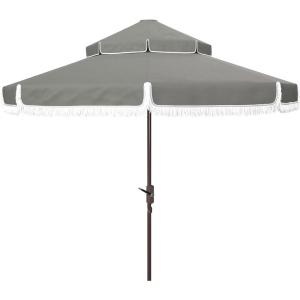 SAFAVIEH 9ft Outdoor Patio Umbrella, Round, Double Top, Milan Fringe, Red & White, Crank, Button Tilt, UV Resistant for Deck, Backyard, Poolside (PAT8208E)(Gray)