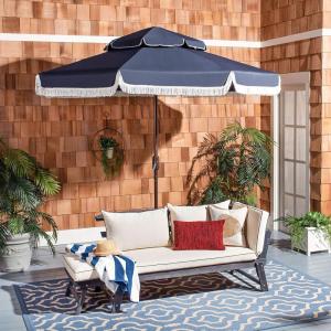SAFAVIEH 9ft Outdoor Patio Umbrella, Round, Double Top, Milan Fringe, Red & White, Crank, Button Tilt, UV Resistant for Deck, Backyard, Poolside (PAT8208E)(Navy/White)