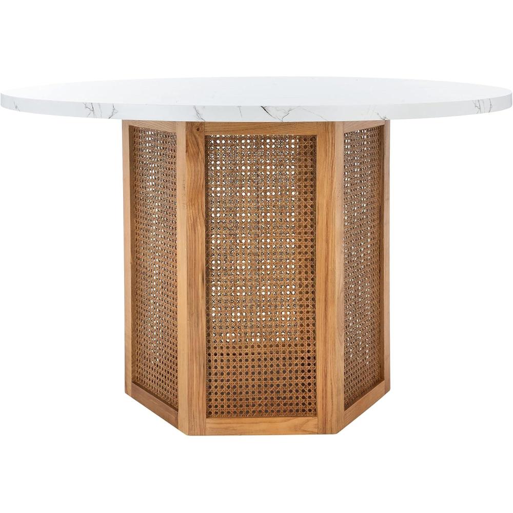 image:imageSAFAVIEH Home Collection Danez Faux Marble TopNatural Cane Round Dining TableWhite Faux MarbleNatural