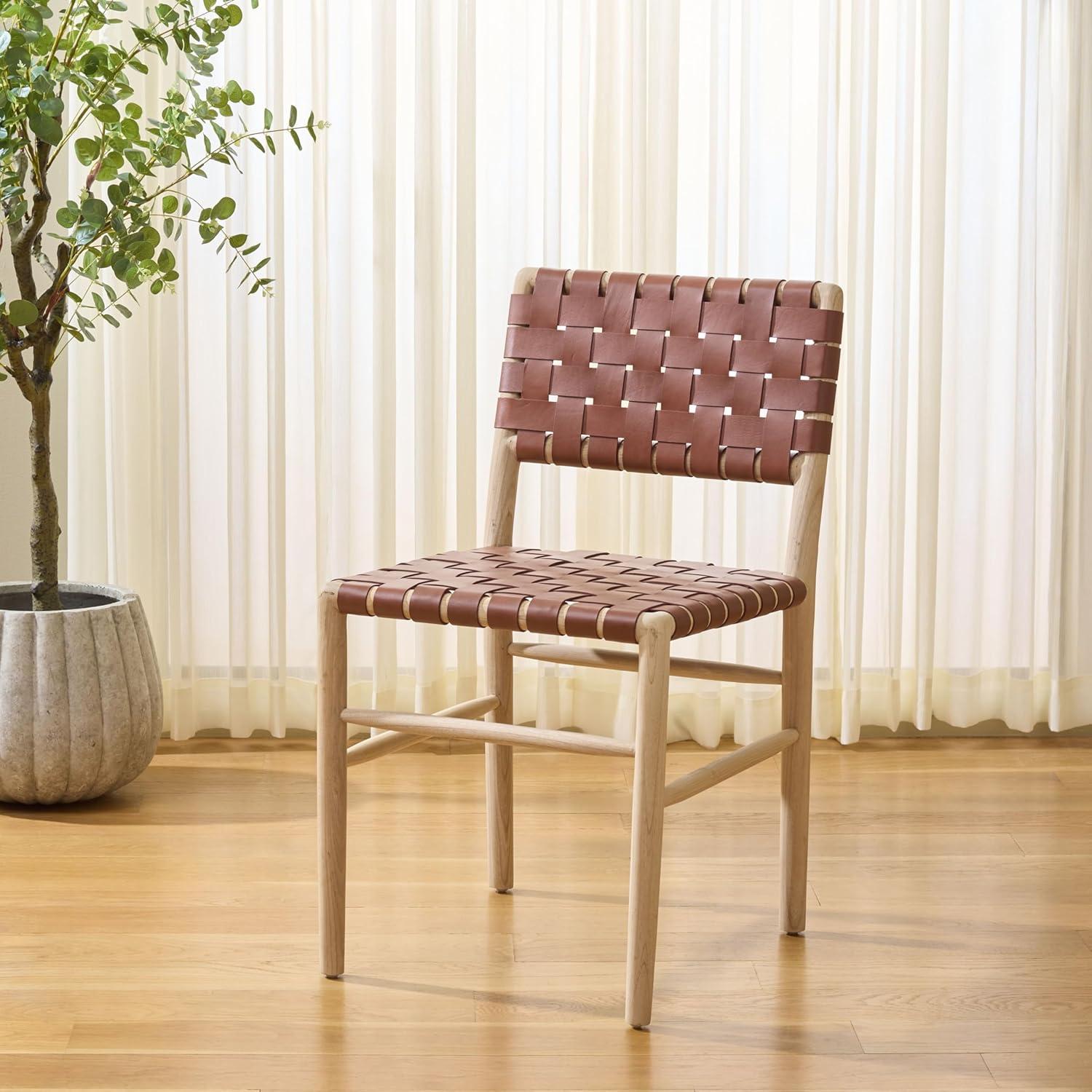 image:imageSAFAVIEH Home Collection Kaiber Red Tan Genuine Woven Leather amp Natural Solid Wood Dining Chair Modern Woven Seat amp Back DCH1218ARed TanNatural