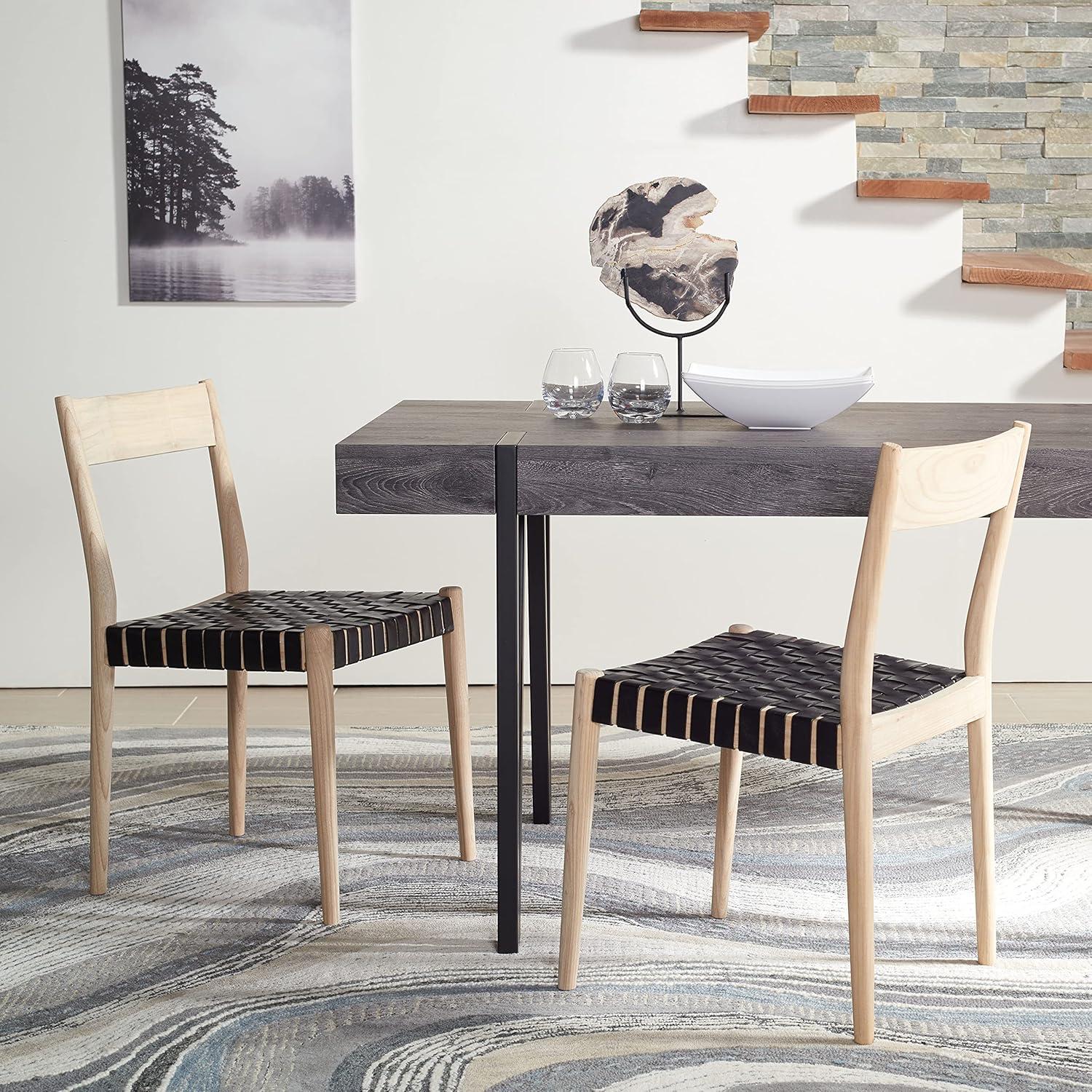 image:imageSAFAVIEH Home Collection Eluned Woven Leather Living Room Accent Dining Chair DCH1201CSET2 BlackNaturalBlack Natural