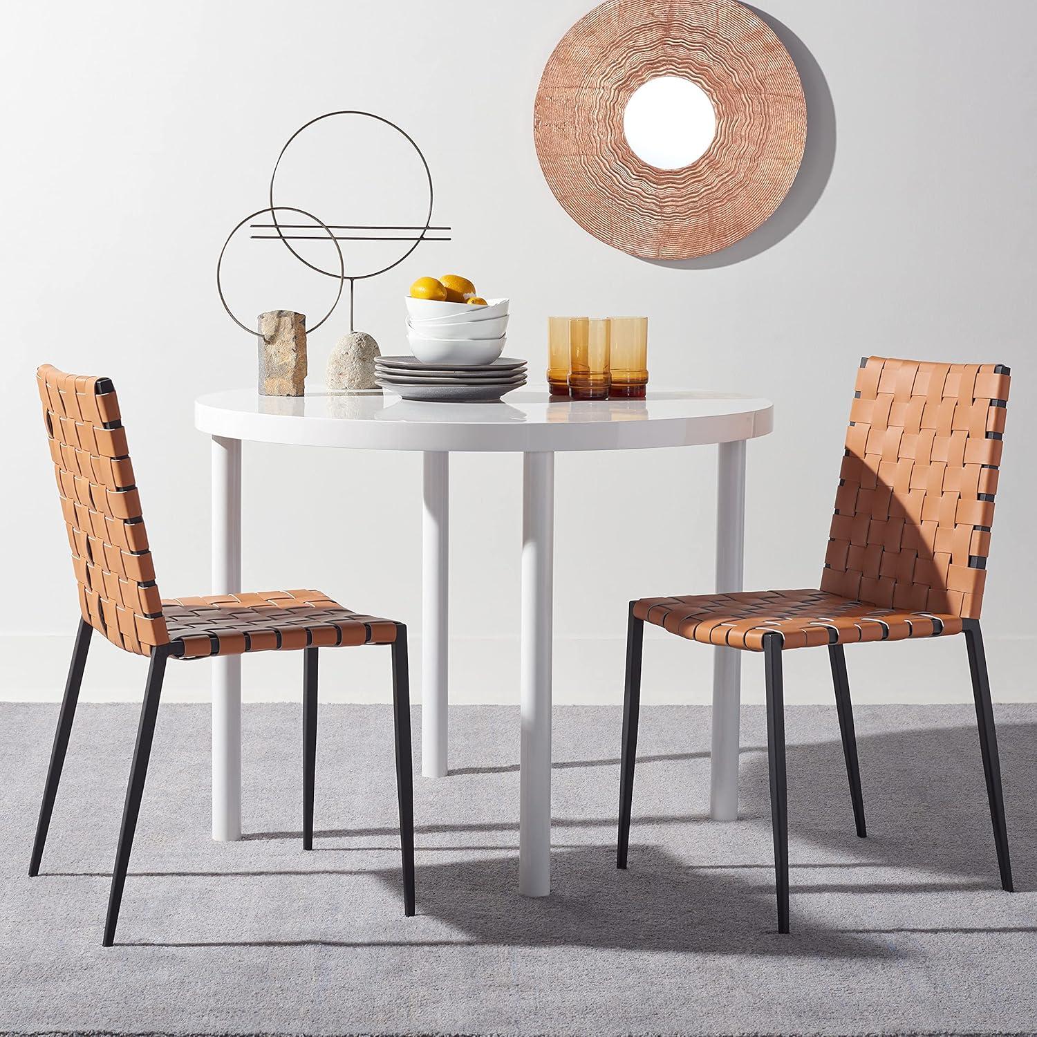 image:imageSAFAVIEH Home Collection Rayne Cognac Woven LeatherSilver Dining Chair Set of 2 Fully AssembledCognac Black