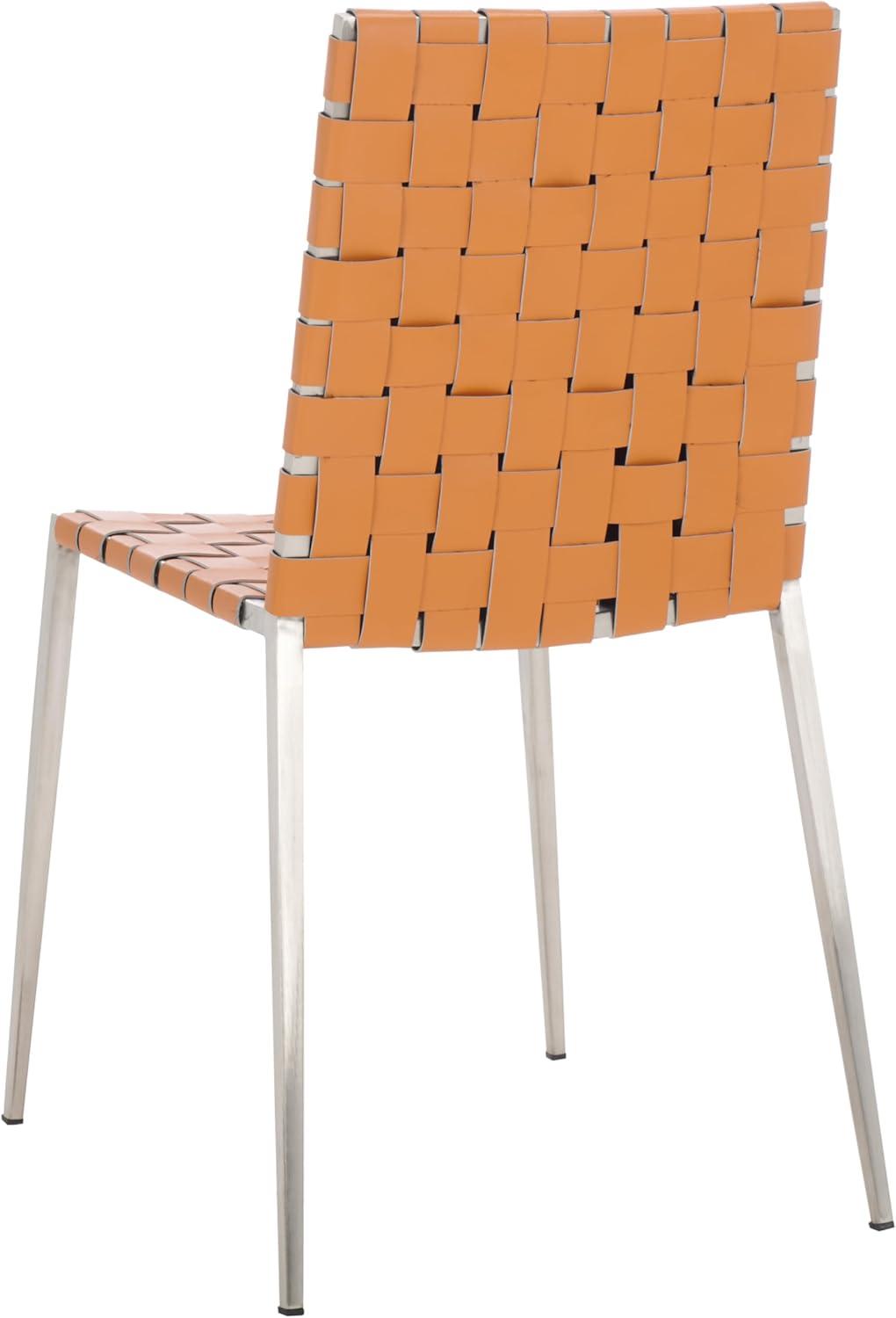 image:imageSAFAVIEH Home Collection Rayne Cognac Woven LeatherSilver Dining Chair Set of 2 Fully AssembledCognacSilver
