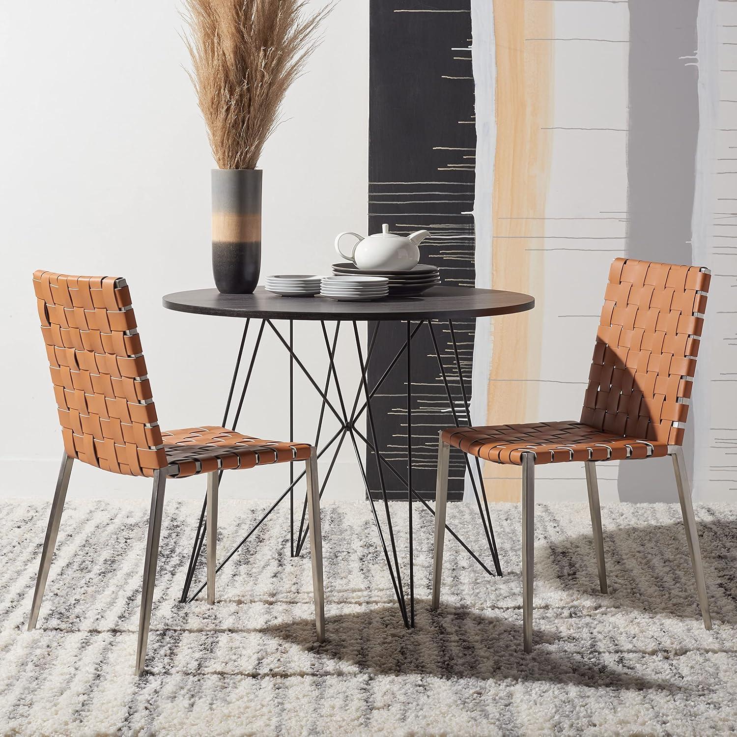 image:imageSAFAVIEH Home Collection Rayne Cognac Woven LeatherSilver Dining Chair Set of 2 Fully AssembledCognacSilver