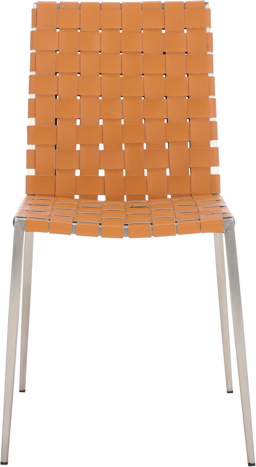 image:imageSAFAVIEH Home Collection Rayne Cognac Woven LeatherSilver Dining Chair Set of 2 Fully AssembledCognacSilver