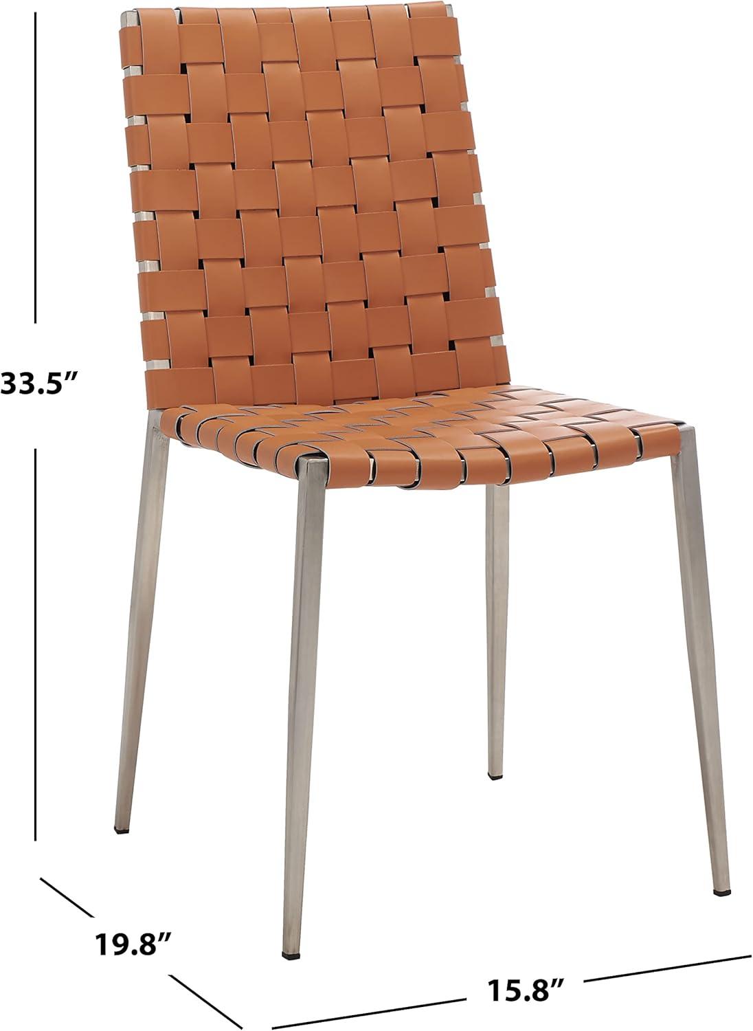 image:imageSAFAVIEH Home Collection Rayne Cognac Woven LeatherSilver Dining Chair Set of 2 Fully AssembledCognacSilver