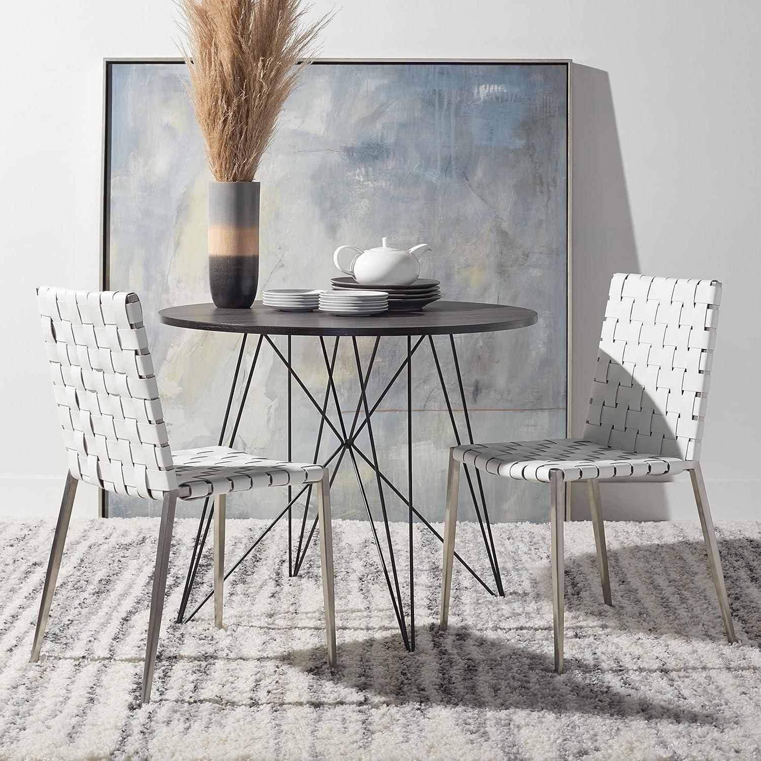 image:imageSAFAVIEH Home Collection Rayne Cognac Woven LeatherSilver Dining Chair Set of 2 Fully AssembledWhite Silver