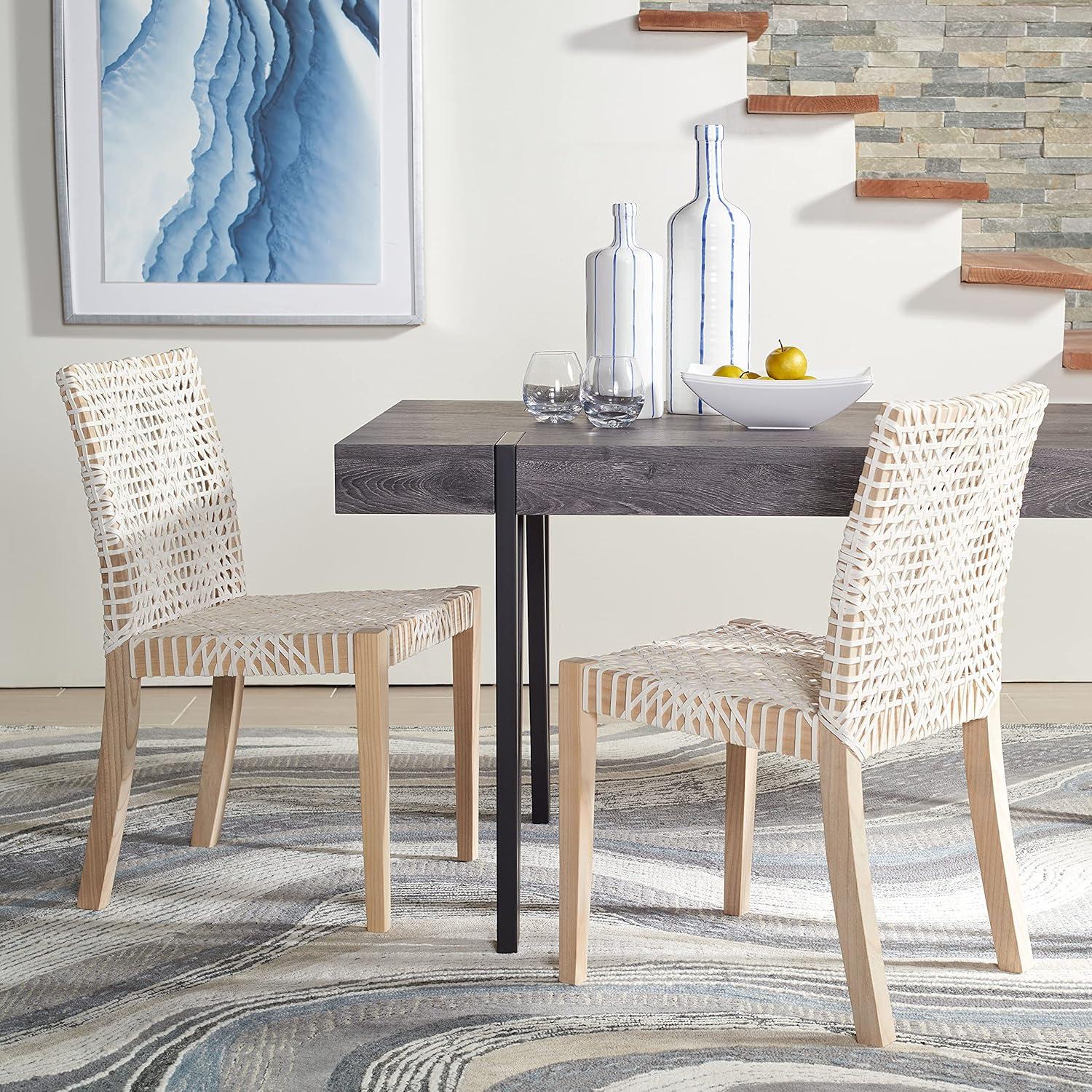 image:imageSAFAVIEH Home Collection Tyria White Woven LeatherNatural Teak Living Room Accent Dining Chair