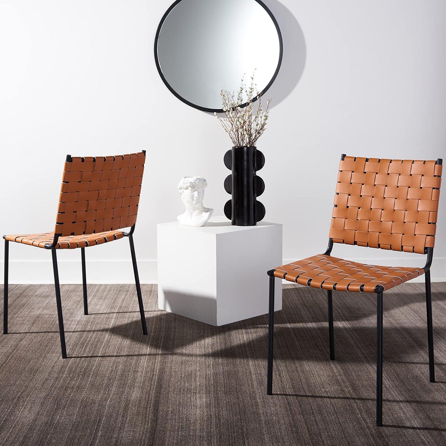 image:imageSAFAVIEH Home Collection Wesson White Woven LeatherSilver Dining Chair Set of 2 Fully AssembledCognacBlack