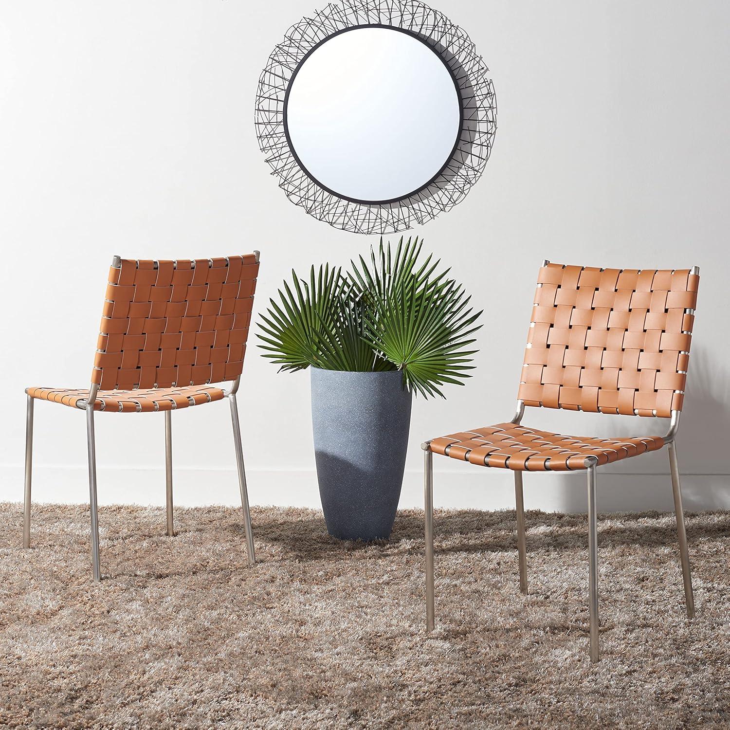image:imageSAFAVIEH Home Collection Wesson White Woven LeatherSilver Dining Chair Set of 2 Fully AssembledCognacSilver