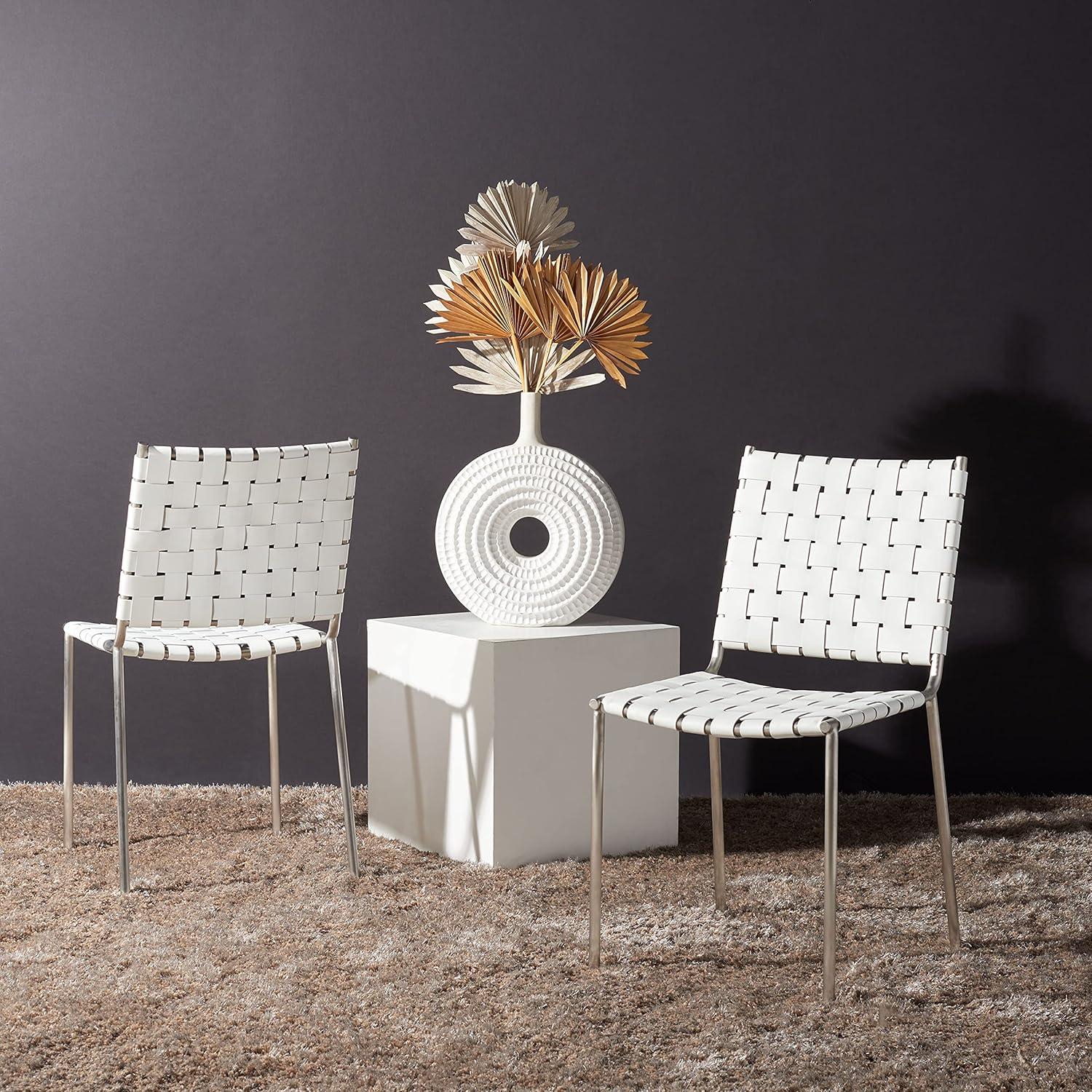 image:imageSAFAVIEH Home Collection Wesson White Woven LeatherSilver Dining Chair Set of 2 Fully AssembledWhiteSilver