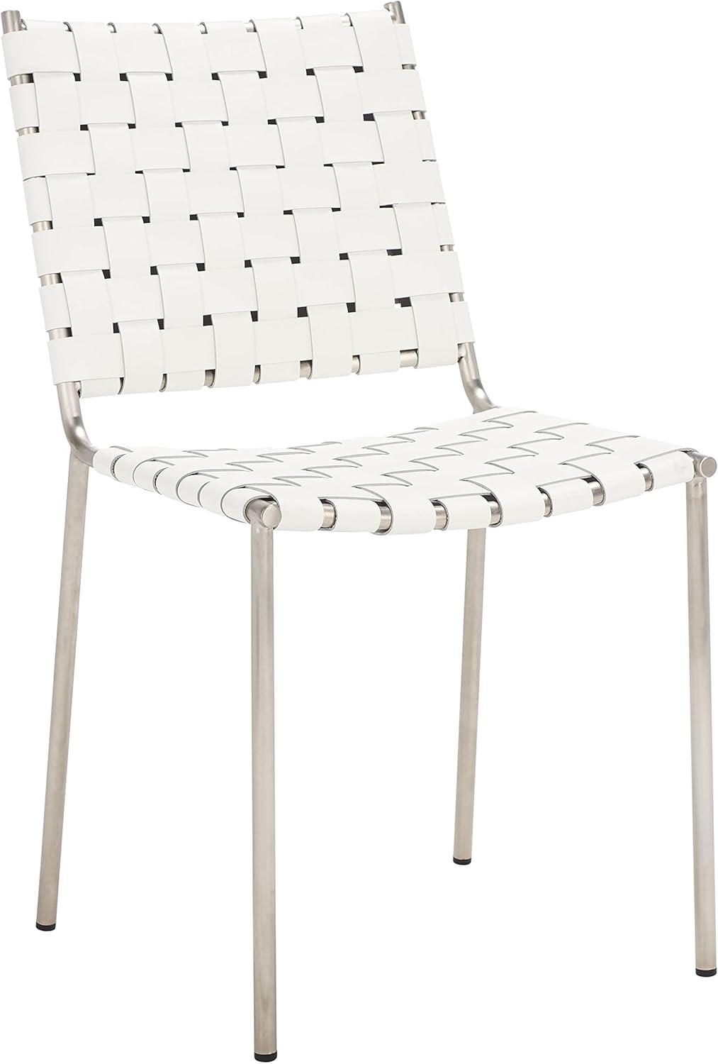 image:imageSAFAVIEH Home Collection Wesson White Woven LeatherSilver Dining Chair Set of 2 Fully AssembledWhiteSilver