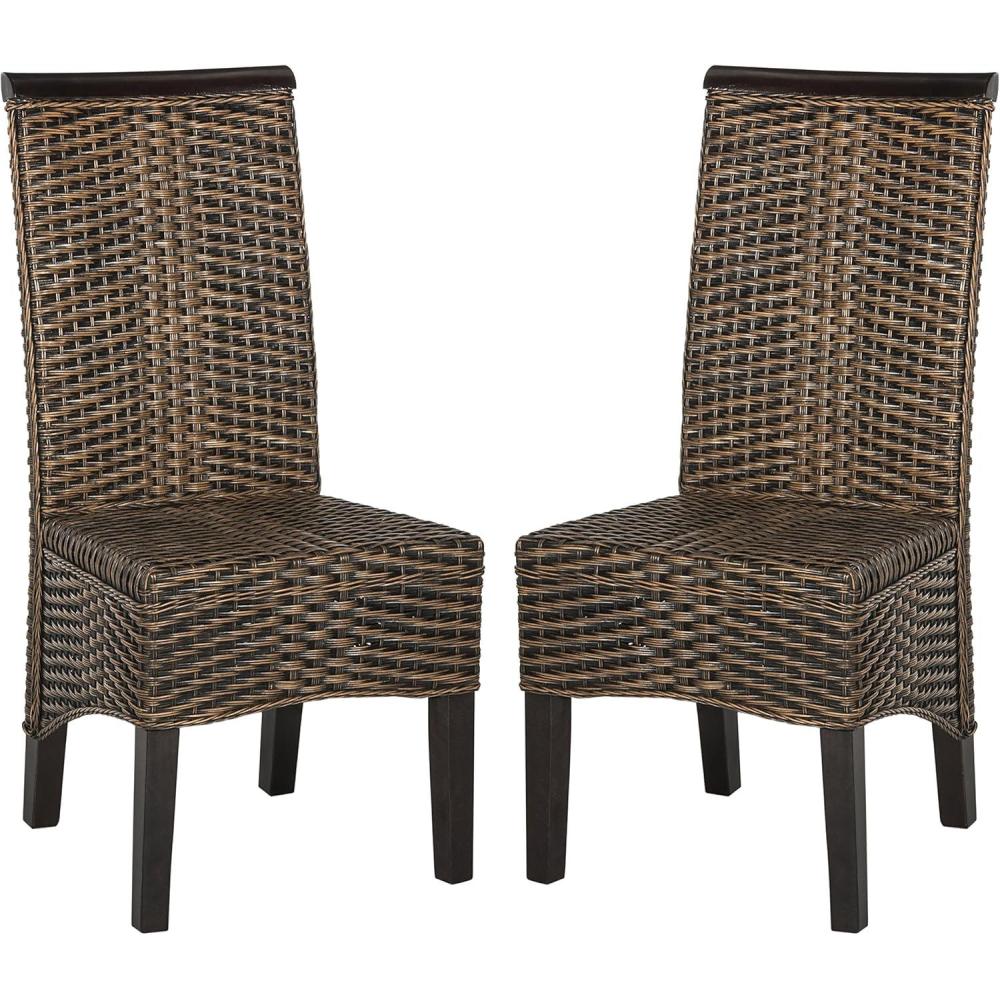 image:imageSAFAVIEH Home Collection Ilya Brown Wicker Tall Back Dining Chair Set of 2 SEA8017CSET2Brown Multi