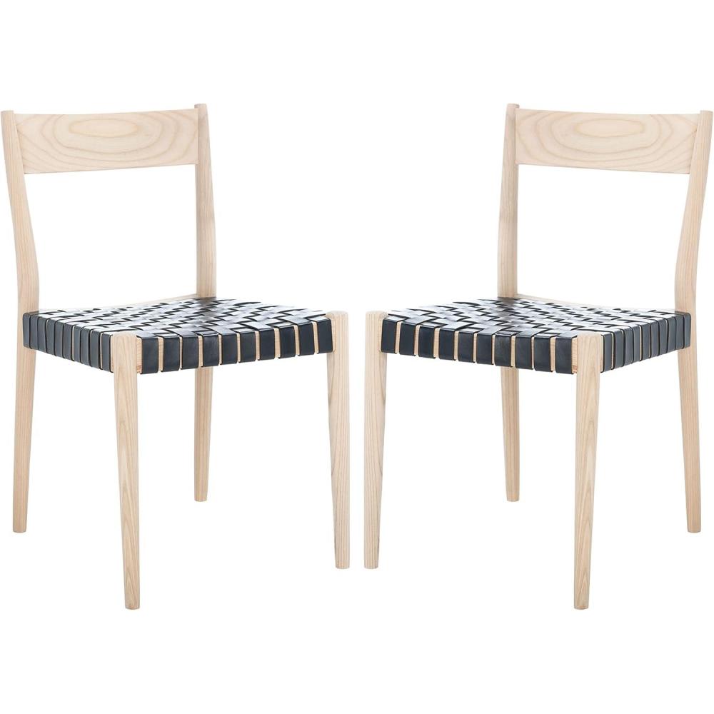 image:imageSAFAVIEH Home Collection Eluned Woven Leather Living Room Accent Dining Chair DCH1201CSET2 BlackNaturalBlack Natural