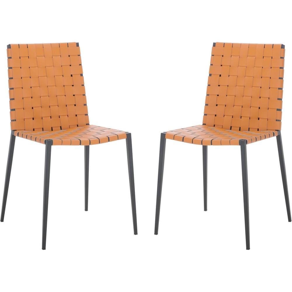 image:imageSAFAVIEH Home Collection Rayne Cognac Woven LeatherSilver Dining Chair Set of 2 Fully AssembledCognac Black