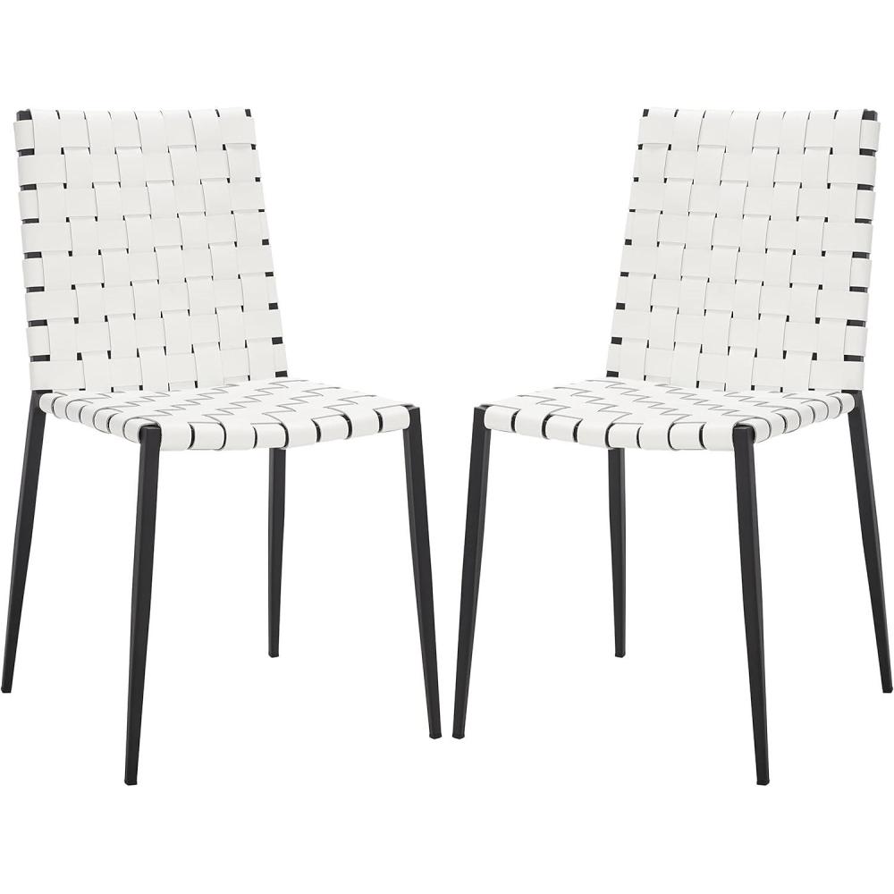 image:imageSAFAVIEH Home Collection Rayne Cognac Woven LeatherSilver Dining Chair Set of 2 Fully AssembledWhite Black