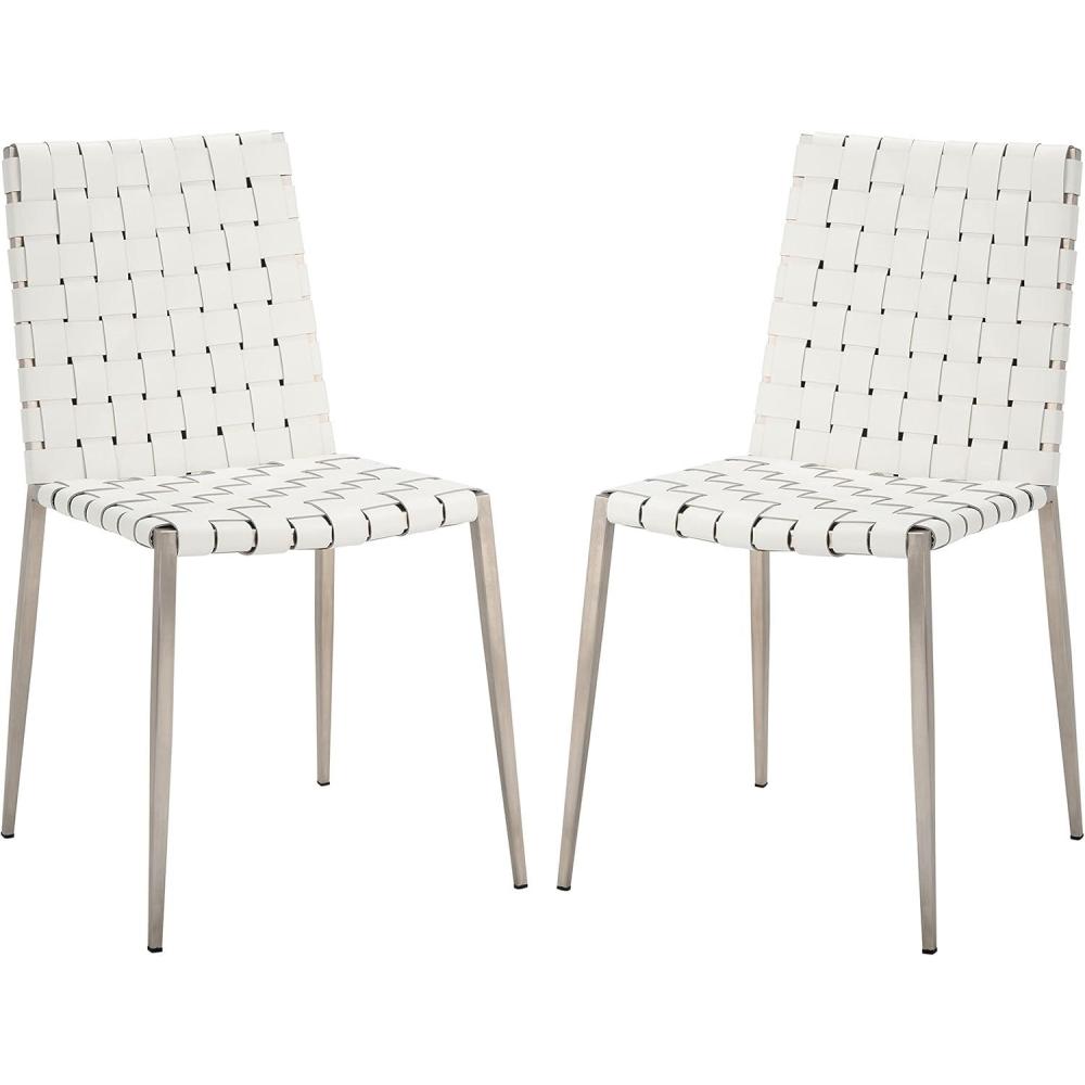 image:imageSAFAVIEH Home Collection Rayne Cognac Woven LeatherSilver Dining Chair Set of 2 Fully AssembledWhite Silver