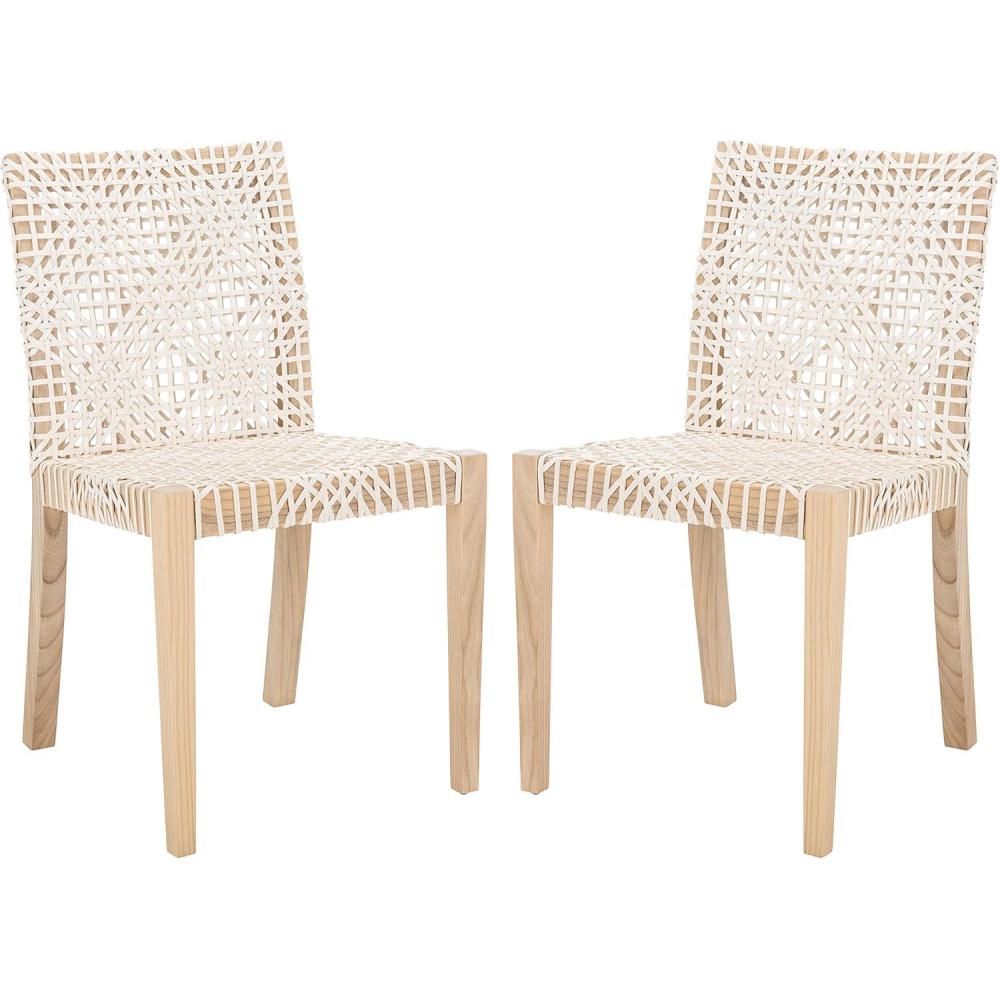 image:imageSAFAVIEH Home Collection Tyria White Woven LeatherNatural Teak Living Room Accent Dining Chair