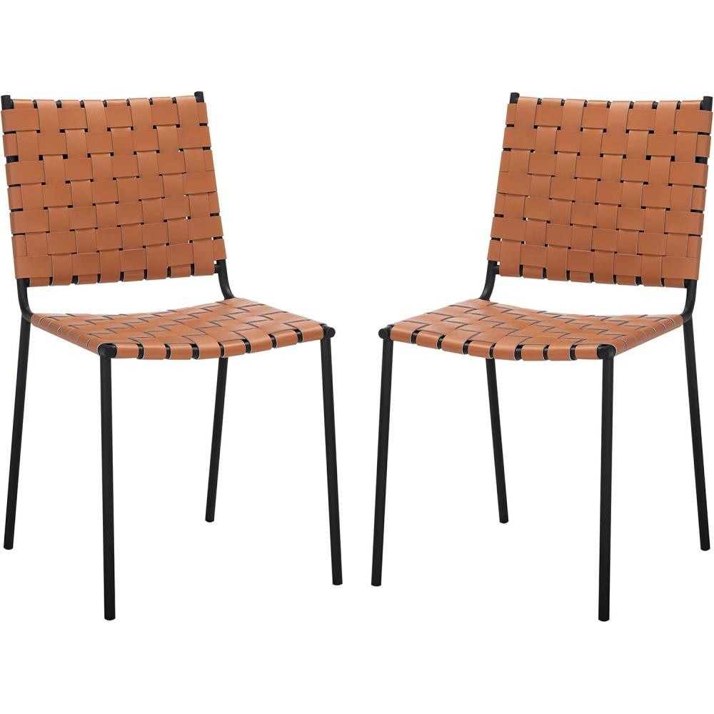 image:imageSAFAVIEH Home Collection Wesson White Woven LeatherSilver Dining Chair Set of 2 Fully AssembledCognacBlack