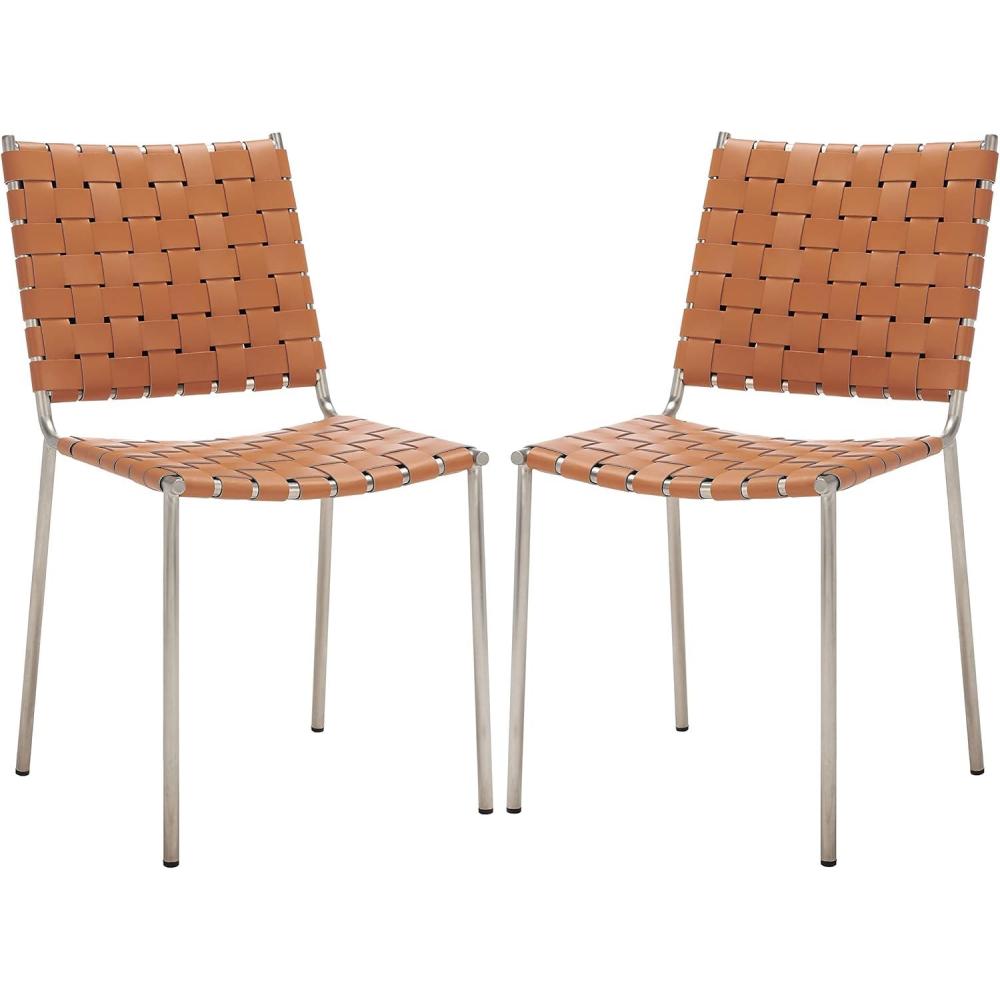 image:imageSAFAVIEH Home Collection Wesson White Woven LeatherSilver Dining Chair Set of 2 Fully AssembledCognacSilver
