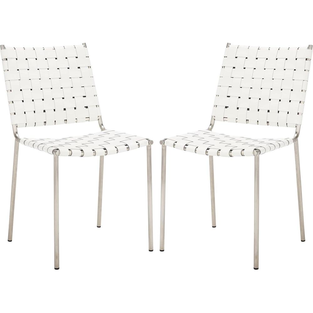 image:imageSAFAVIEH Home Collection Wesson White Woven LeatherSilver Dining Chair Set of 2 Fully AssembledWhiteSilver