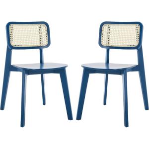 SAFAVIEH Home Collection Luz Coastal White/Natural Cane Rattan Dining Chair Set of 2(Navy/Natural)