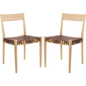 SAFAVIEH Home Collection Pranit Leather Wood 18-inch (Set of 2) Dining Chair, Cognac/Natural(Cognac / Natural)