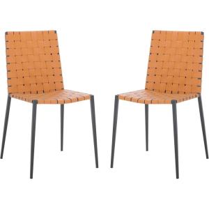 SAFAVIEH Home Collection Rayne Cognac Woven Leather/Silver Dining Chair (Set of 2) – Fully Assembled(Cognac / Black)