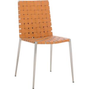 SAFAVIEH Home Collection Rayne Cognac Woven Leather/Silver Dining Chair (Set of 2) – Fully Assembled(Cognac/Silver)