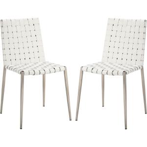 SAFAVIEH Home Collection Rayne Cognac Woven Leather/Silver Dining Chair (Set of 2) – Fully Assembled(White / Silver)
