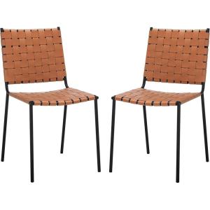SAFAVIEH Home Collection Wesson White Woven Leather/Silver Dining Chair (Set of 2) – Fully Assembled(Cognac/Black)