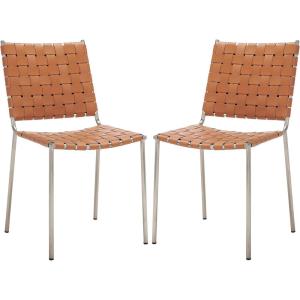 SAFAVIEH Home Collection Wesson White Woven Leather/Silver Dining Chair (Set of 2) – Fully Assembled(Cognac/Silver)