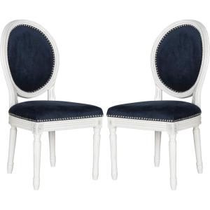Safavieh Home Collection Holloway 19”H French Brasserie Linen Oval Light Grey and Cream Side Chair(Navy Velvet/Cream)