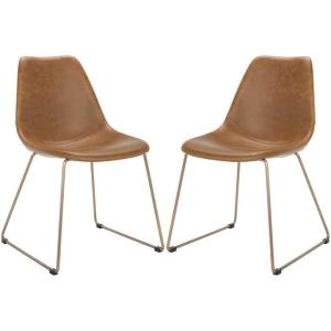 Safavieh Home Dorian Mid-Century Modern Light Brown Faux Leather and Copper Dining Chair, Set of 2(Cognac / Copper)