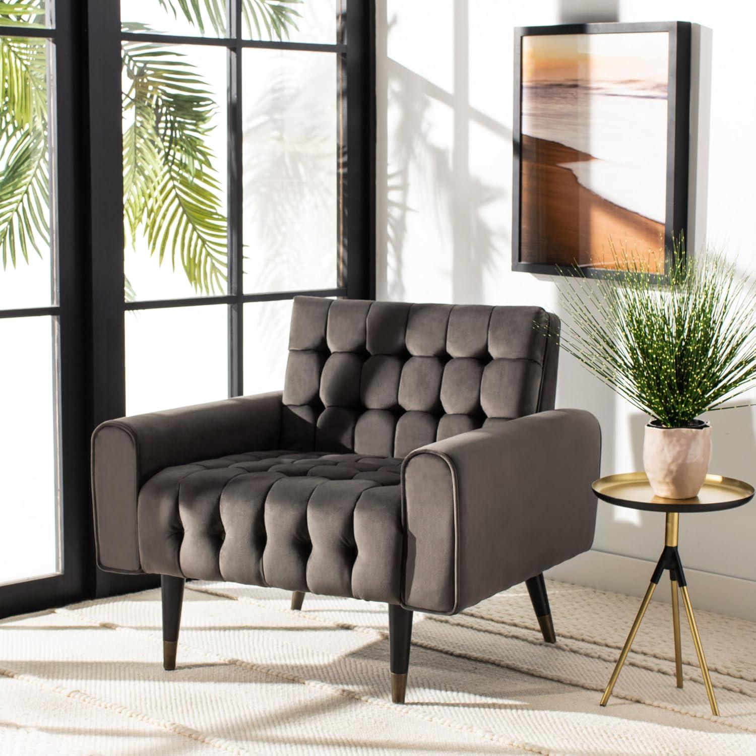 image:imageSafavieh Home Amaris Retro Glam Slate Blue Velvet and Black Tufted Accent ChairShale Black