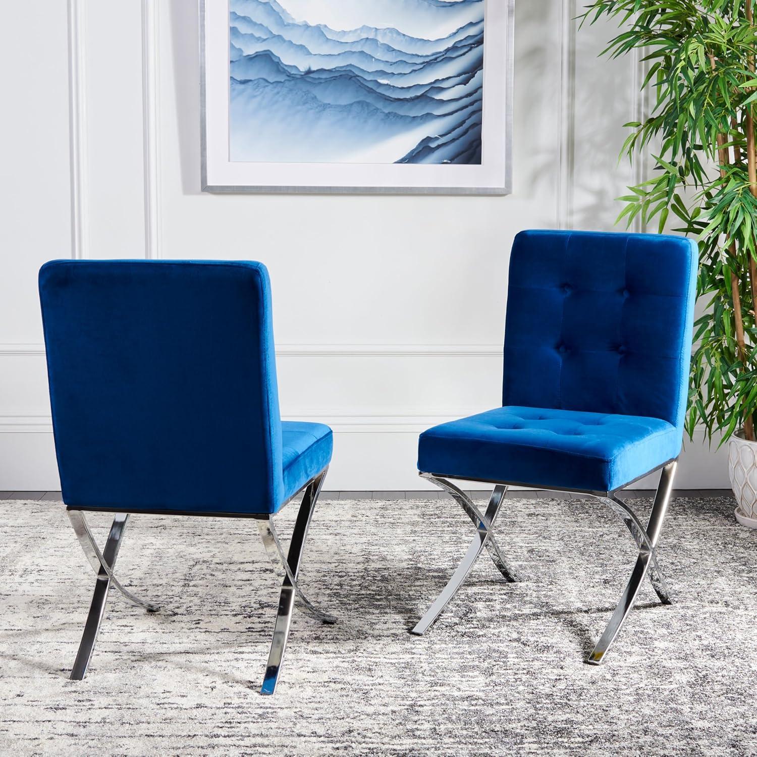 image:imageSafavieh Home Walsh Navy Velvet and Chrome Tufted Side ChairNavy Chrome