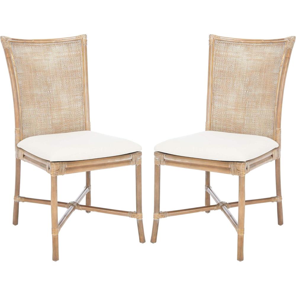 image:imageSAFAVIEH Home Collection Chiara Grey Wash Rattan White Cushion Set of 2 Accent Chair ACH6512ASET2