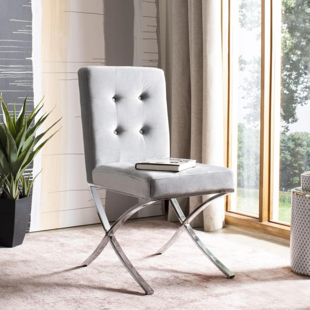 image:imageSafavieh Home Walsh Navy Velvet and Chrome Tufted Side ChairGrey Chrome