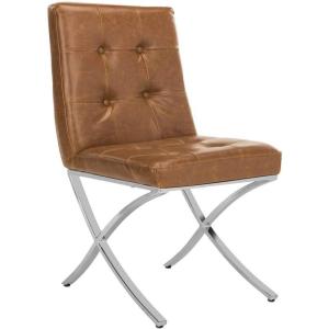Safavieh Home Walsh Navy Velvet and Chrome Tufted Side Chair(Light Brown / Chrome)