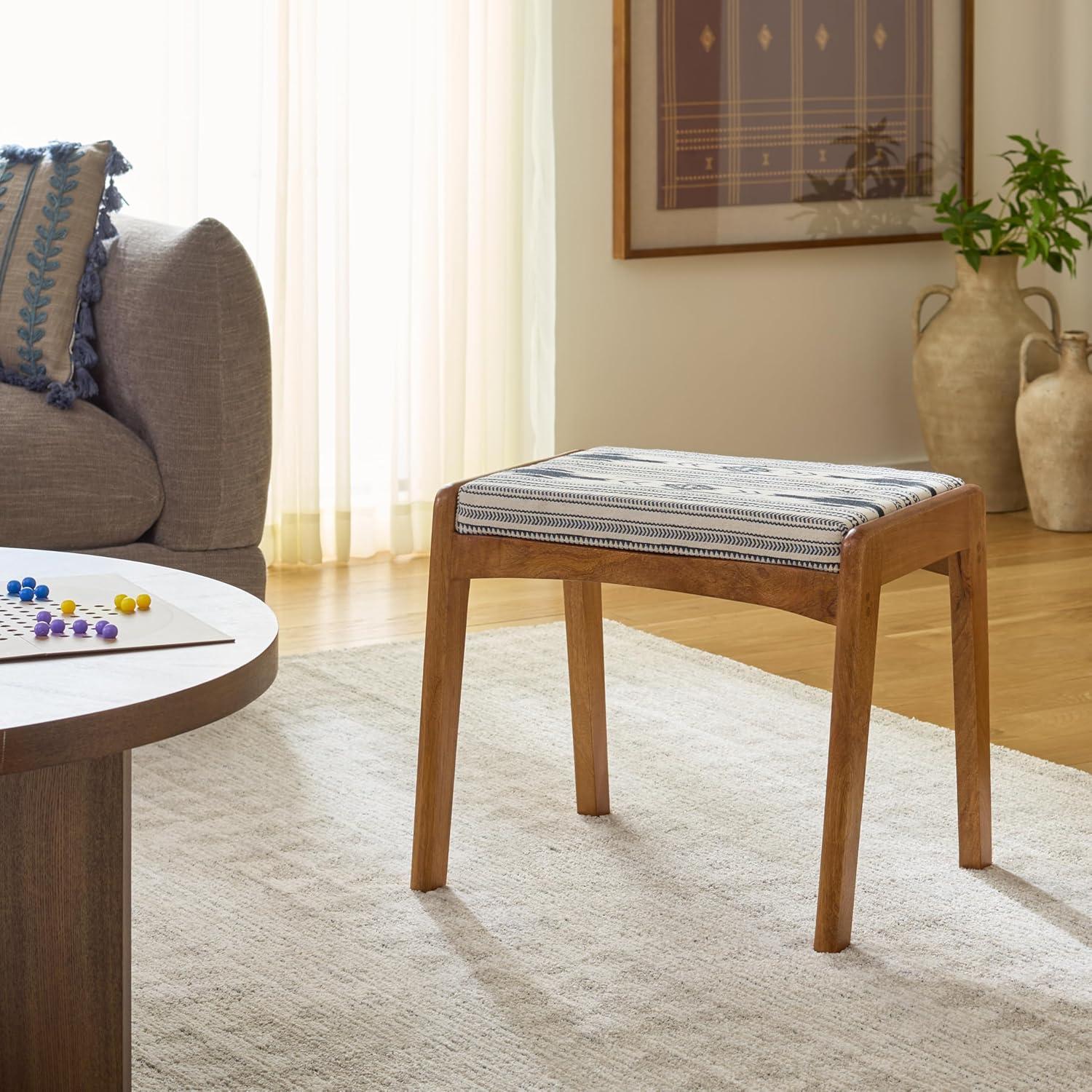 image:imageSAFAVIEH Home Collection Ute Boho Tribal Navy amp White Upholstered Cushion Ottoman with Natural Wood Frame Footrest Accent Seat Fully Assembled OTT3700ANavy WhiteNatural