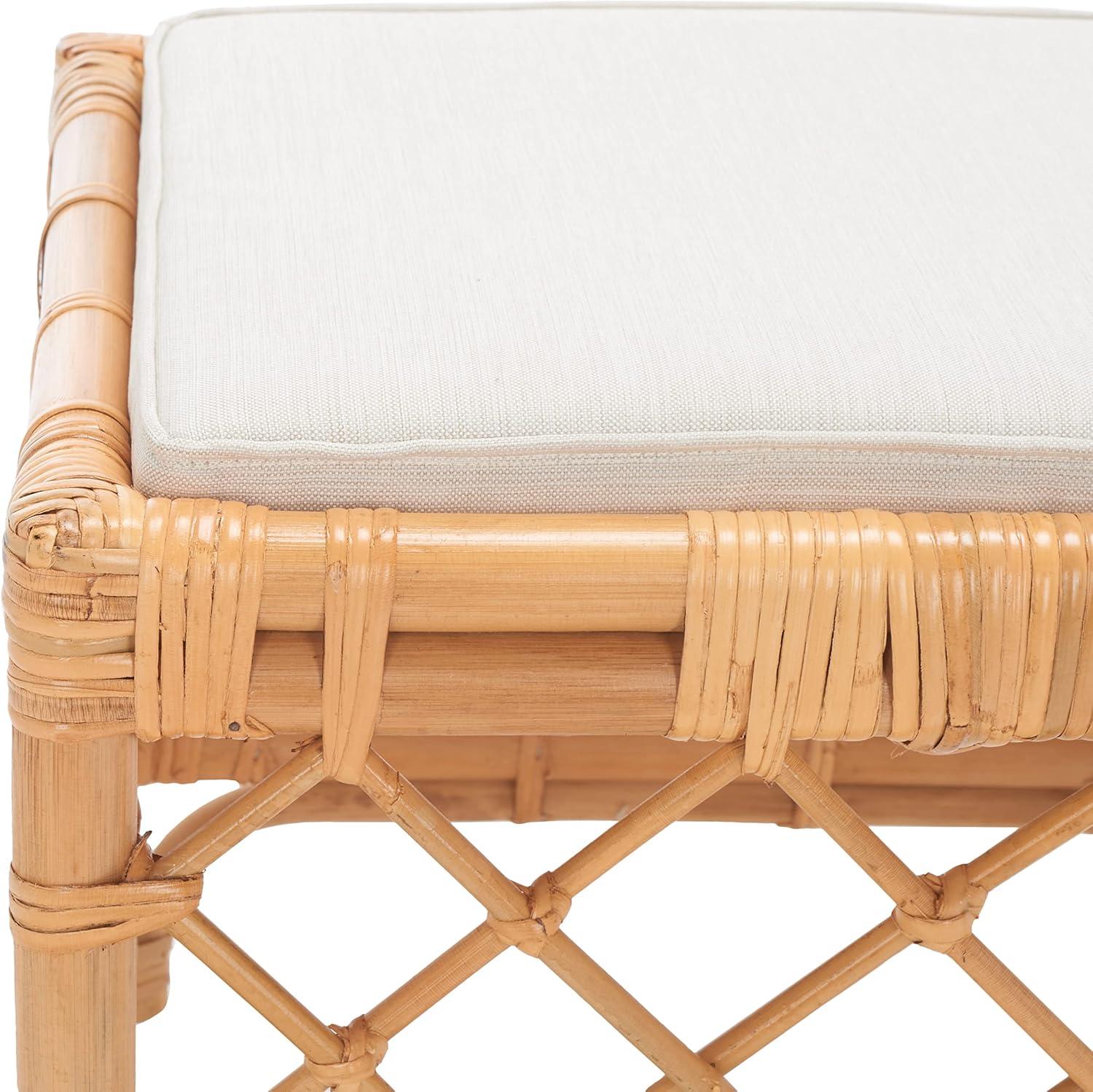 image:imageSAFAVIEH Home Collection Larroux HoneyWhite Rattan Solid Wood Ottoman with Cushion Fully Assembled