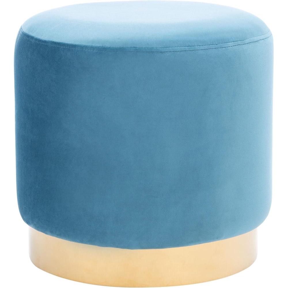 image:imageSAFAVIEH Home Collection Abrea Denim Blue Velvet and Black Round OttomanDenim Blue  Gold