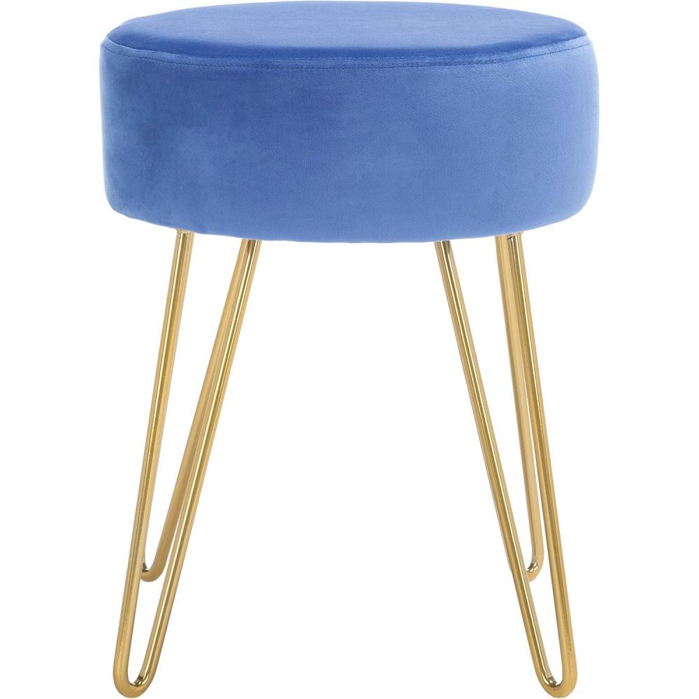 image:imageSAFAVIEH Home Collection Abrea Steel Blue Velvet and Gold Round OttomanSteel Blue  Gold