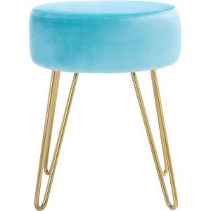 SAFAVIEH Home Collection Abrea Steel Blue Velvet and Gold Round Ottoman(Aqua / Gold)