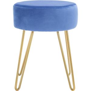 SAFAVIEH Home Collection Abrea Steel Blue Velvet and Gold Round Ottoman(Steel Blue / Gold)