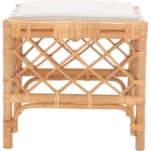 SAFAVIEH Home Collection Larroux Honey/White Rattan Solid Wood Ottoman with Cushion (Fully Assembled)