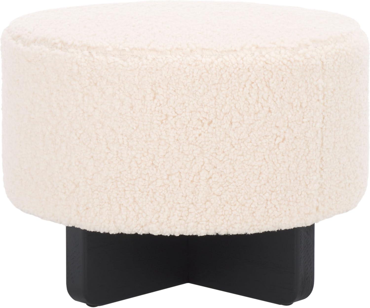 image:imageSAFAVIEH Home Collection Alistair OffWhite Faux ShearlingBlack Solid Wood Round Ottoman Fully AssembledOff WhiteBlack