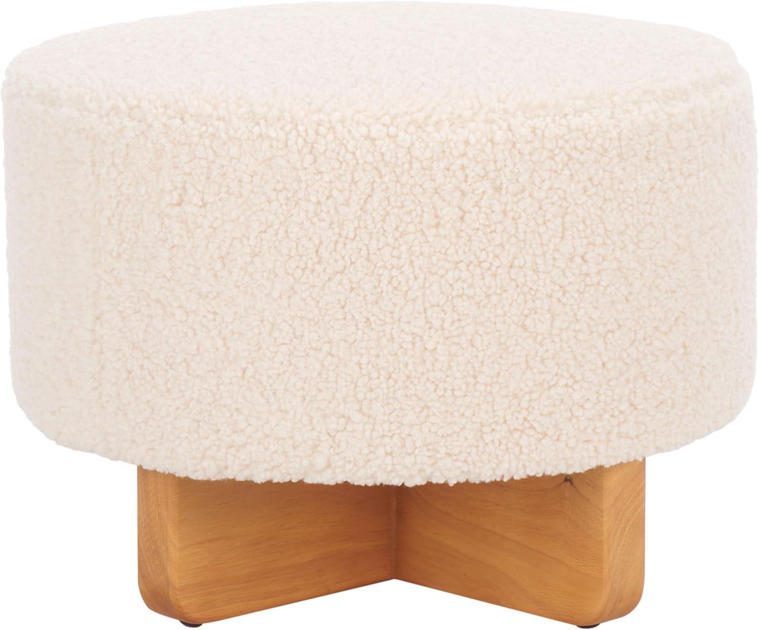 image:imageSAFAVIEH Home Collection Alistair OffWhite Faux ShearlingBlack Solid Wood Round Ottoman Fully AssembledOff WhiteNatural